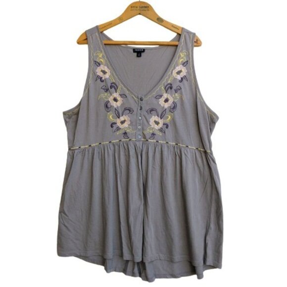 torrid Tops - Torrid Gray Embroidered Sleeveless Scoop Neck Tank Top Plus Size 1X Jersey